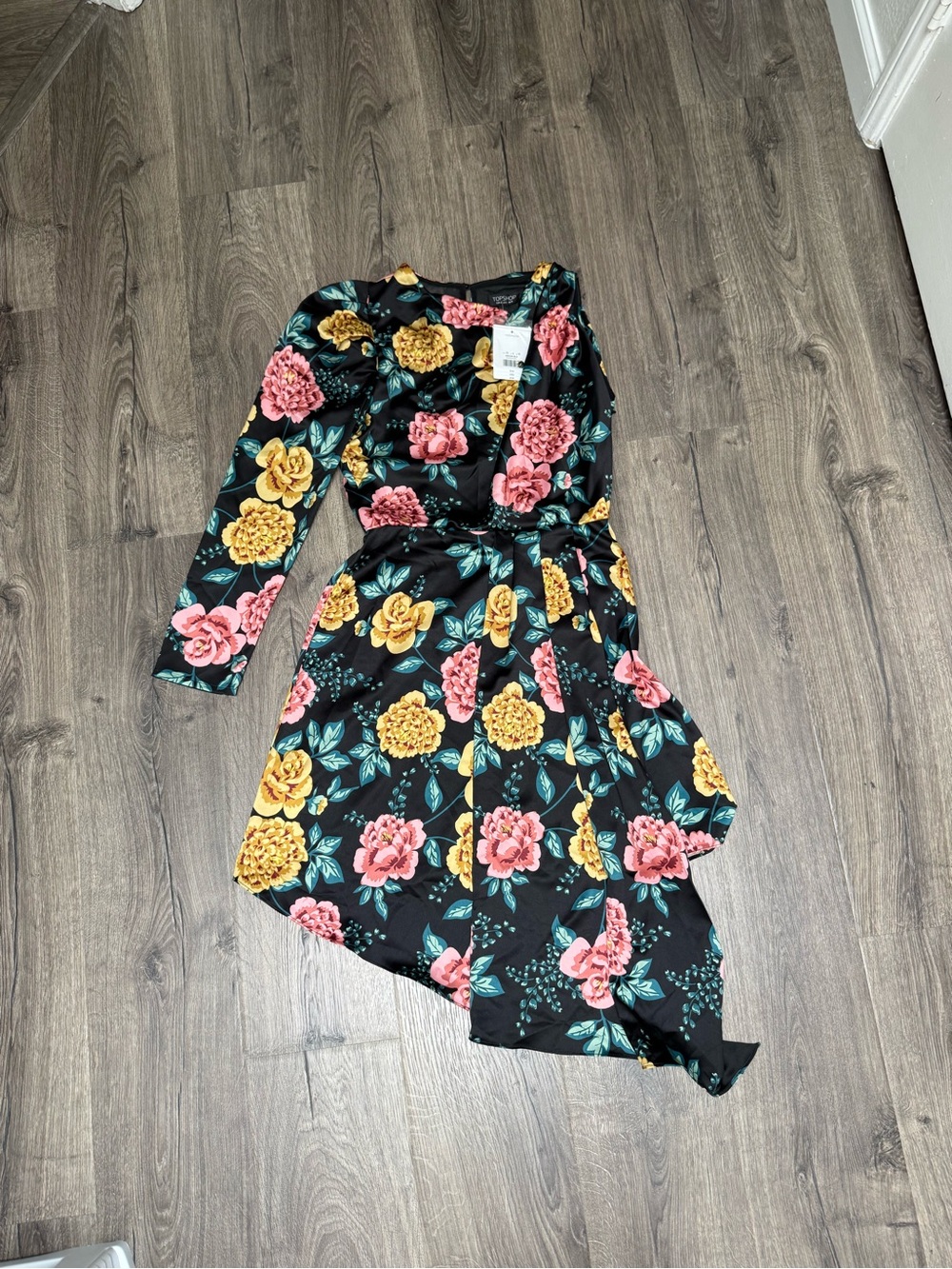 Floral Wrap Midi Dress in Black with Pink & Yellow Blooms